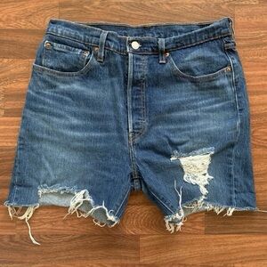 Levi’s 501 Blank Red Tag Ripped Cutoff Jean Shorts Women’s 32” High Waist Rare